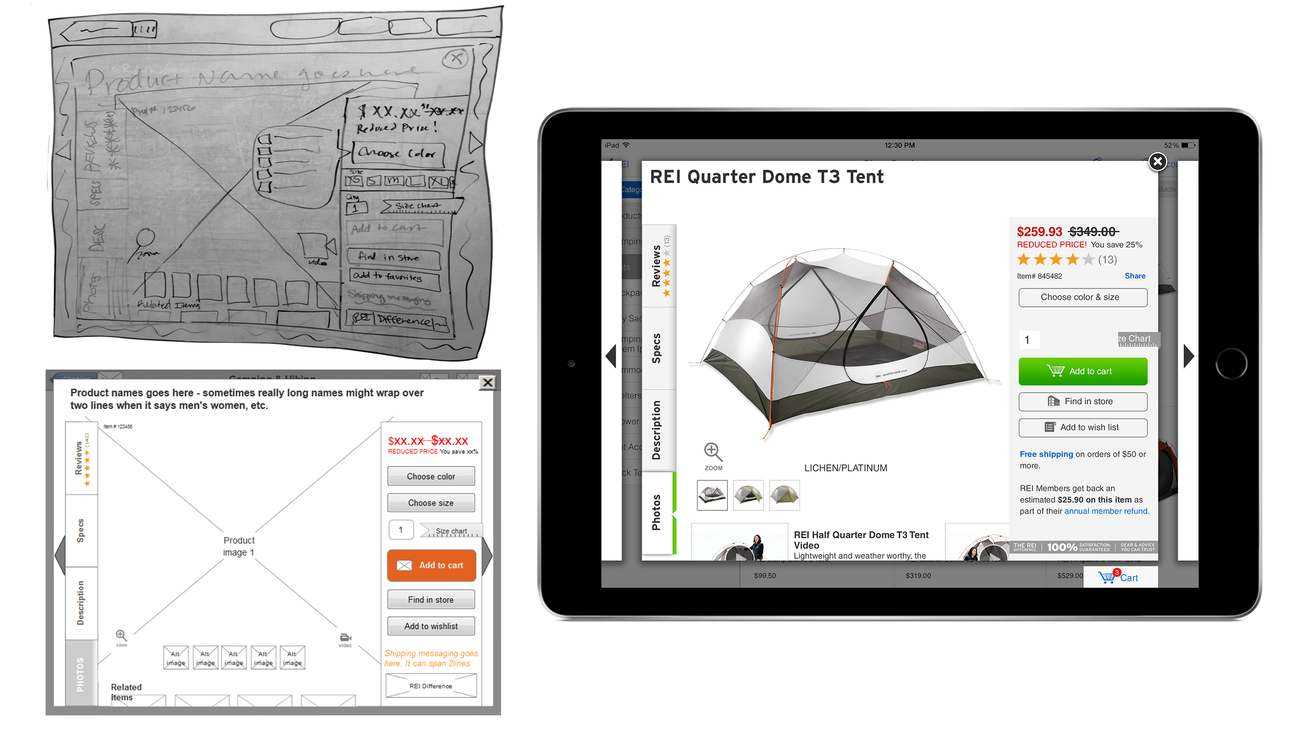 REI iPad app product details page wireframes and mockup, interaction UX design, Courtney Comfort