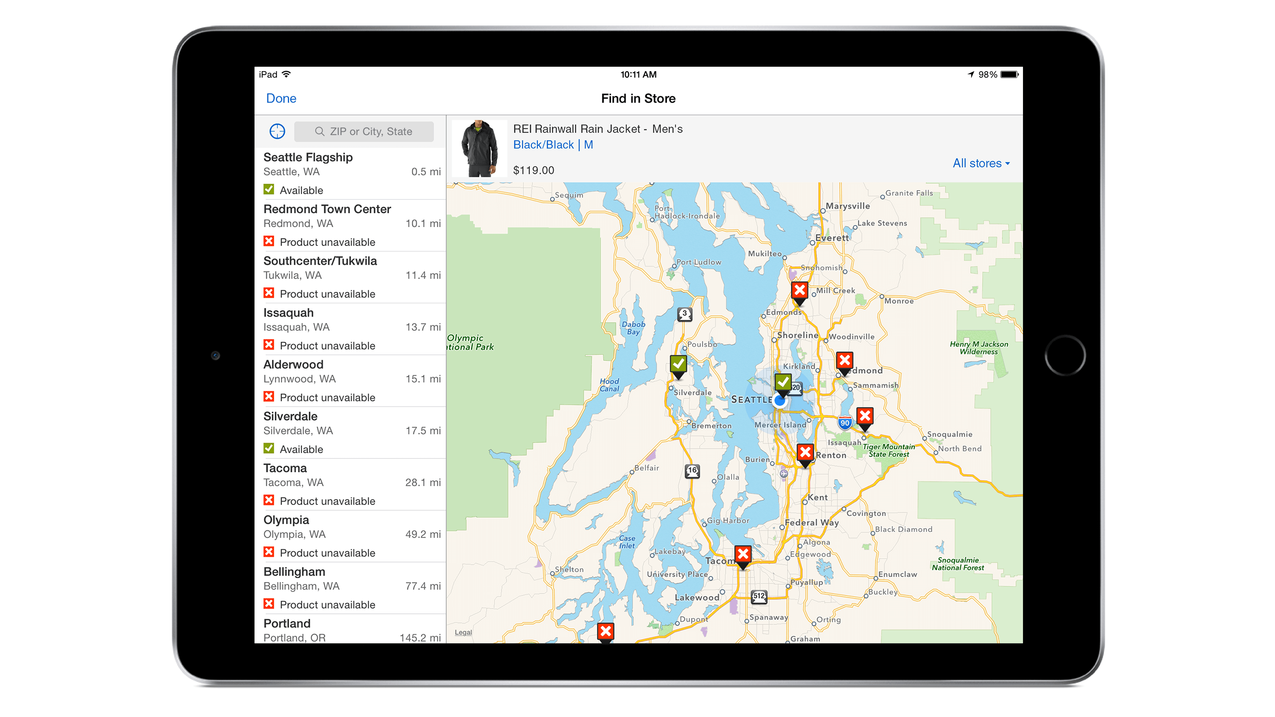 REI iPad app find in store screen, interaction UX design, Courtney Comfort