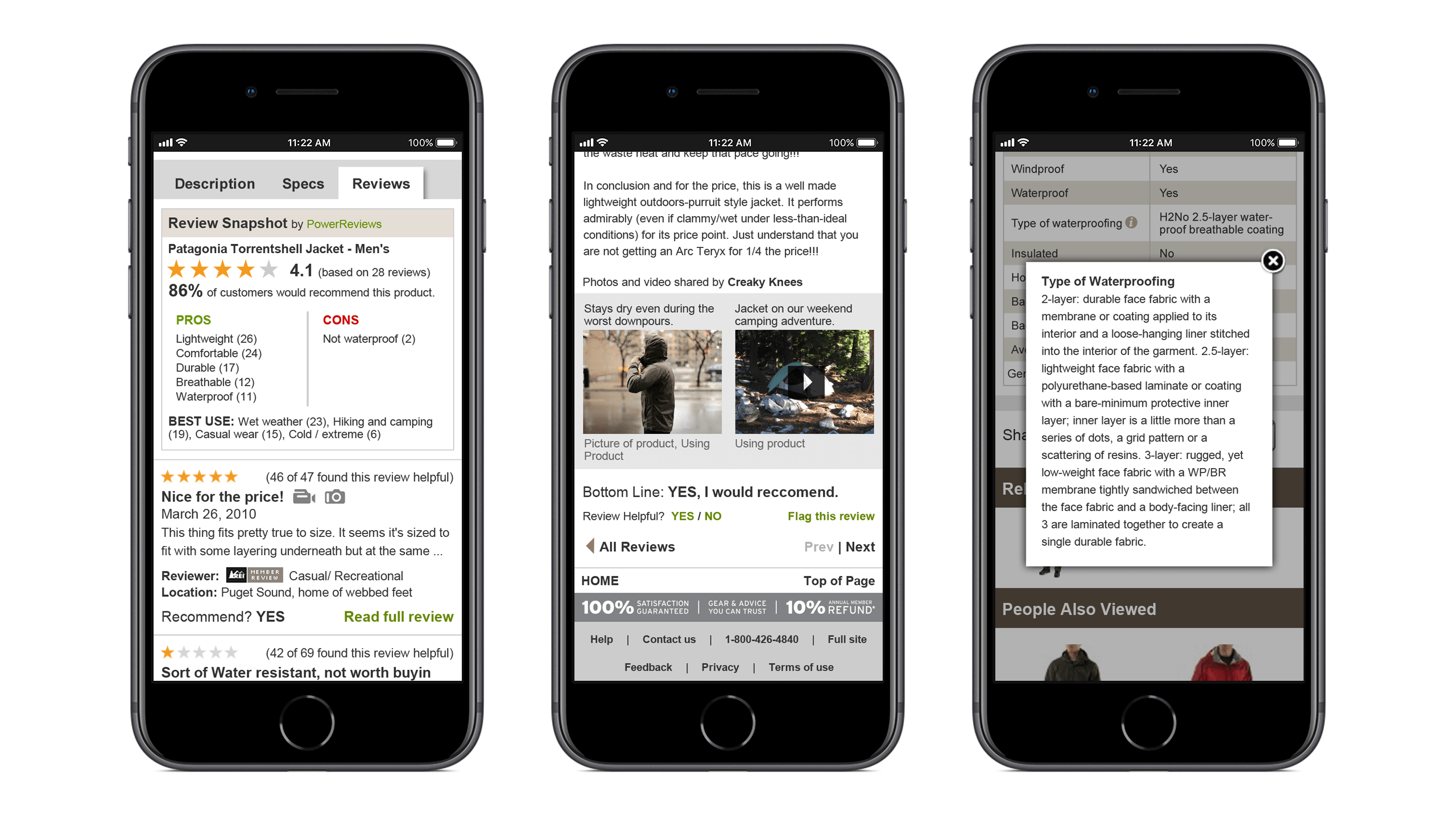 Selected features from the REI product detail page redesign including the review overview, user-submitted review content, and Spec tool-tip, shown on three iPhones, UX interaction design Courtney Comfort