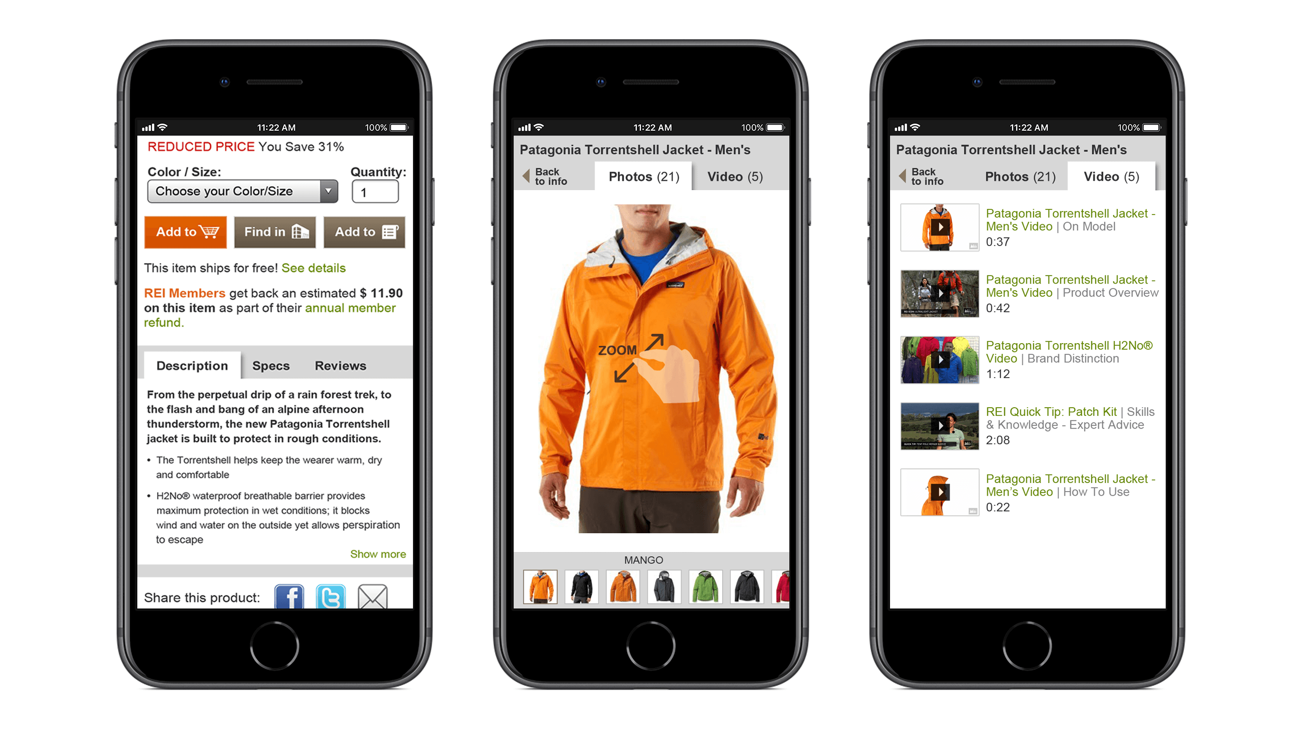 Selected features from the REI product detail page redesign including updated action butons and product details tab, and new photo and video experience shown on three iPhones, UX interaction design Courtney Comfort