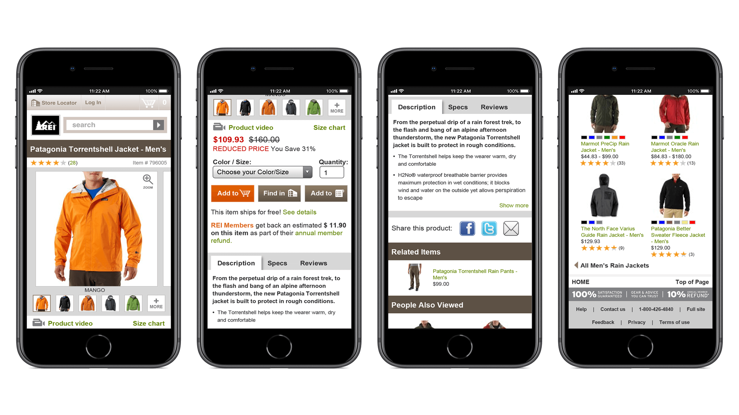 REI digital retail mobile product detail page redesign, shown across four iPhones, UX interaction design Courtney Comfort