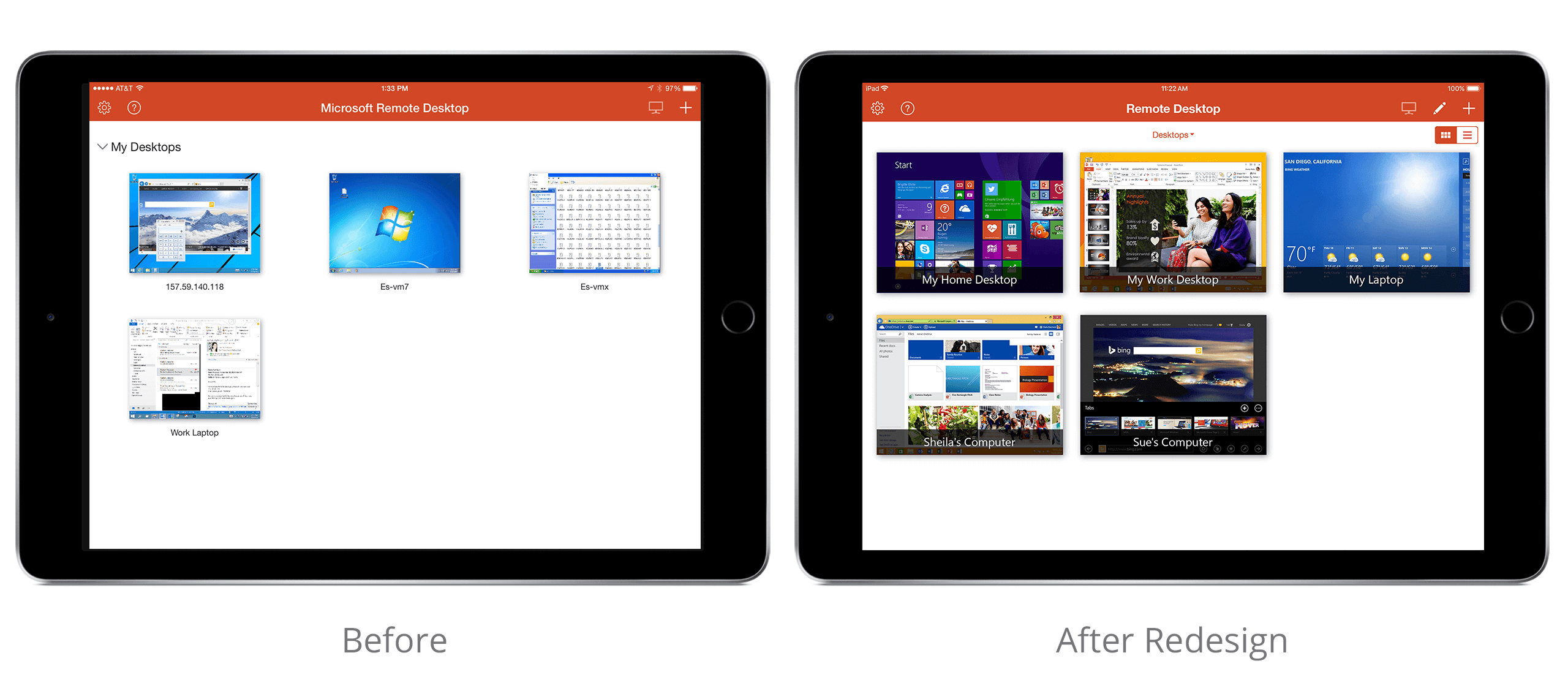 Side by side comparison of Remote Desktop iPad app before and after redesign. Shows the main screen of the app with recently added PCs, shown on iPad devices.