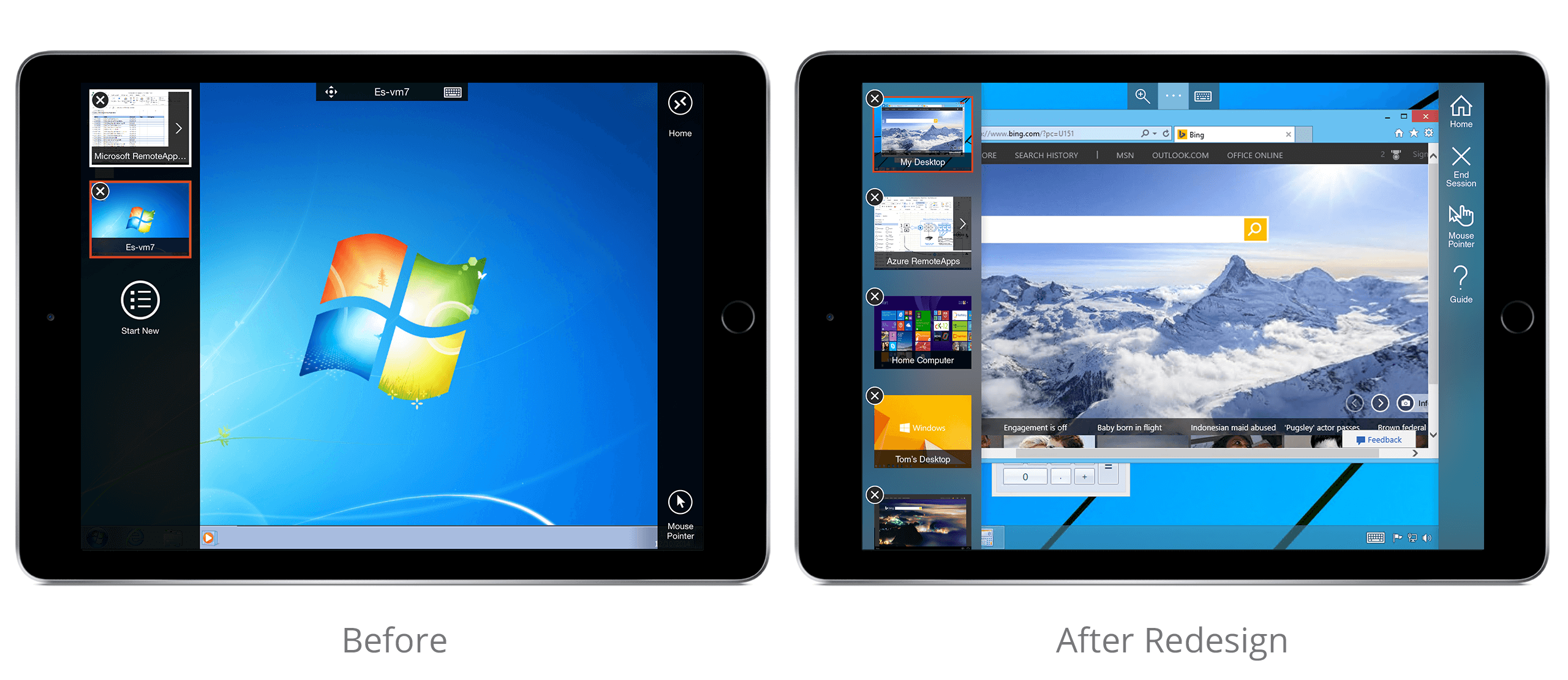 Side by side comparison of Remote Desktop iPad app before and after redesign. Shows the in-session experience when a user is connected to a PC from their iPad.