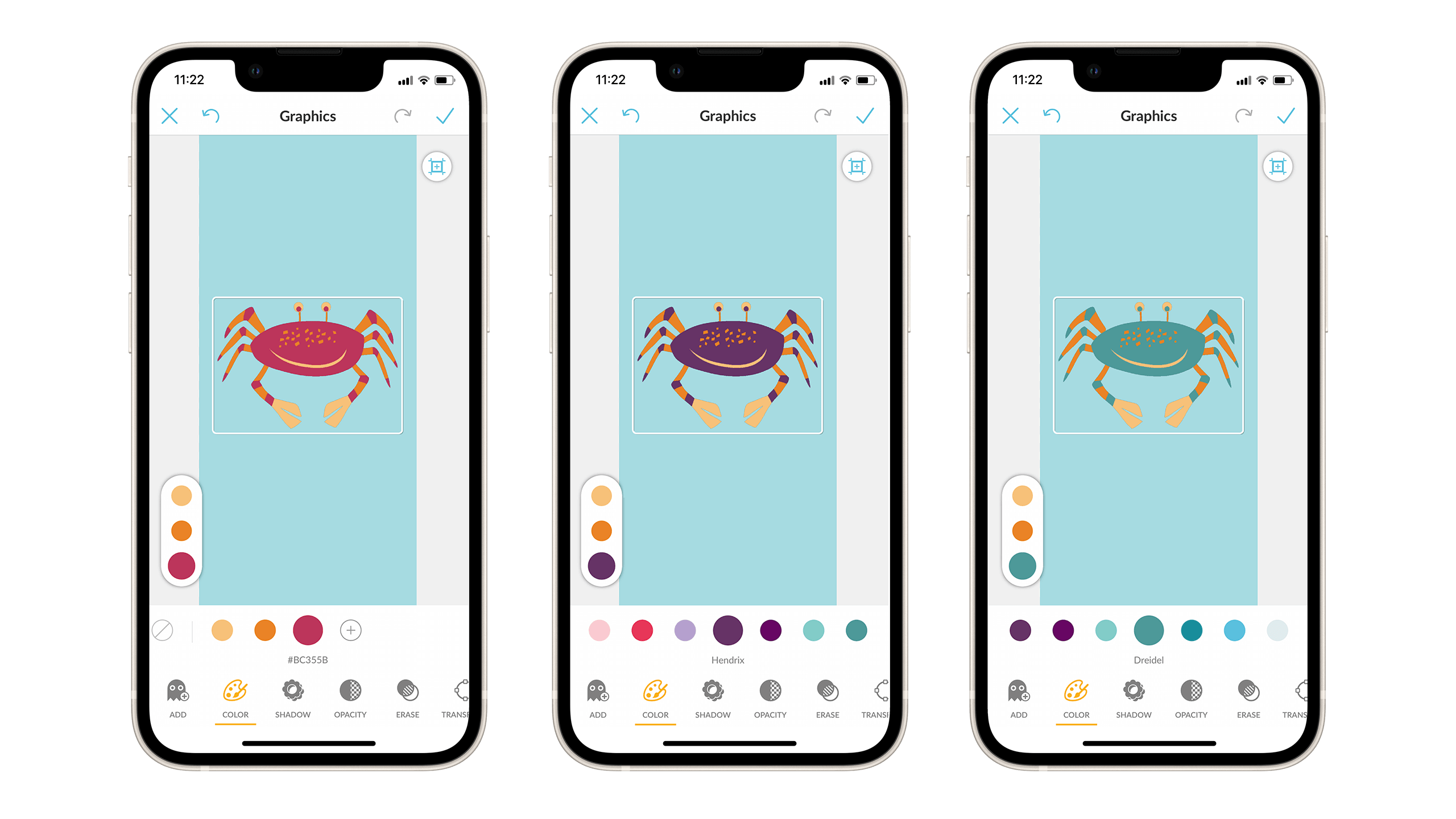 Three iPhones with each with an illustration of a crab. The user interface allows you to change the colors and each crab has a different color shell.